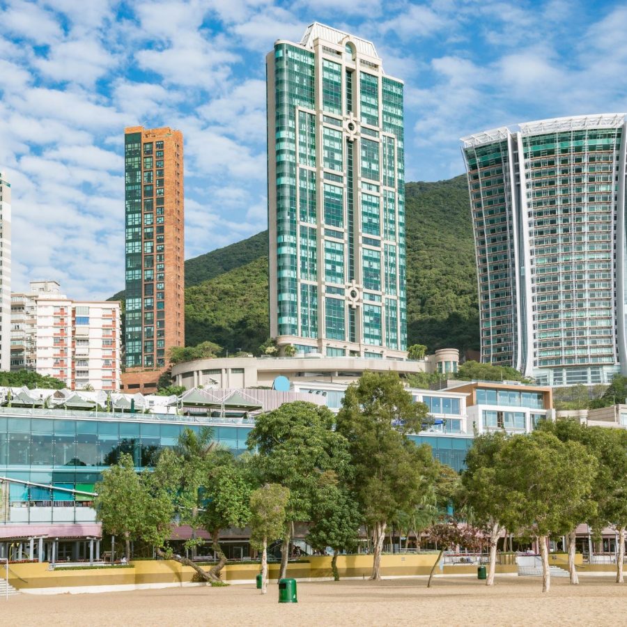 The Repulse Bay mall and residential area, with a view of the beach.